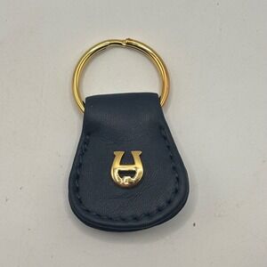 Vtg Etienne Aigner Navy Blue Leather Horseshoe Logo Gold Tone Keychain Key Fob